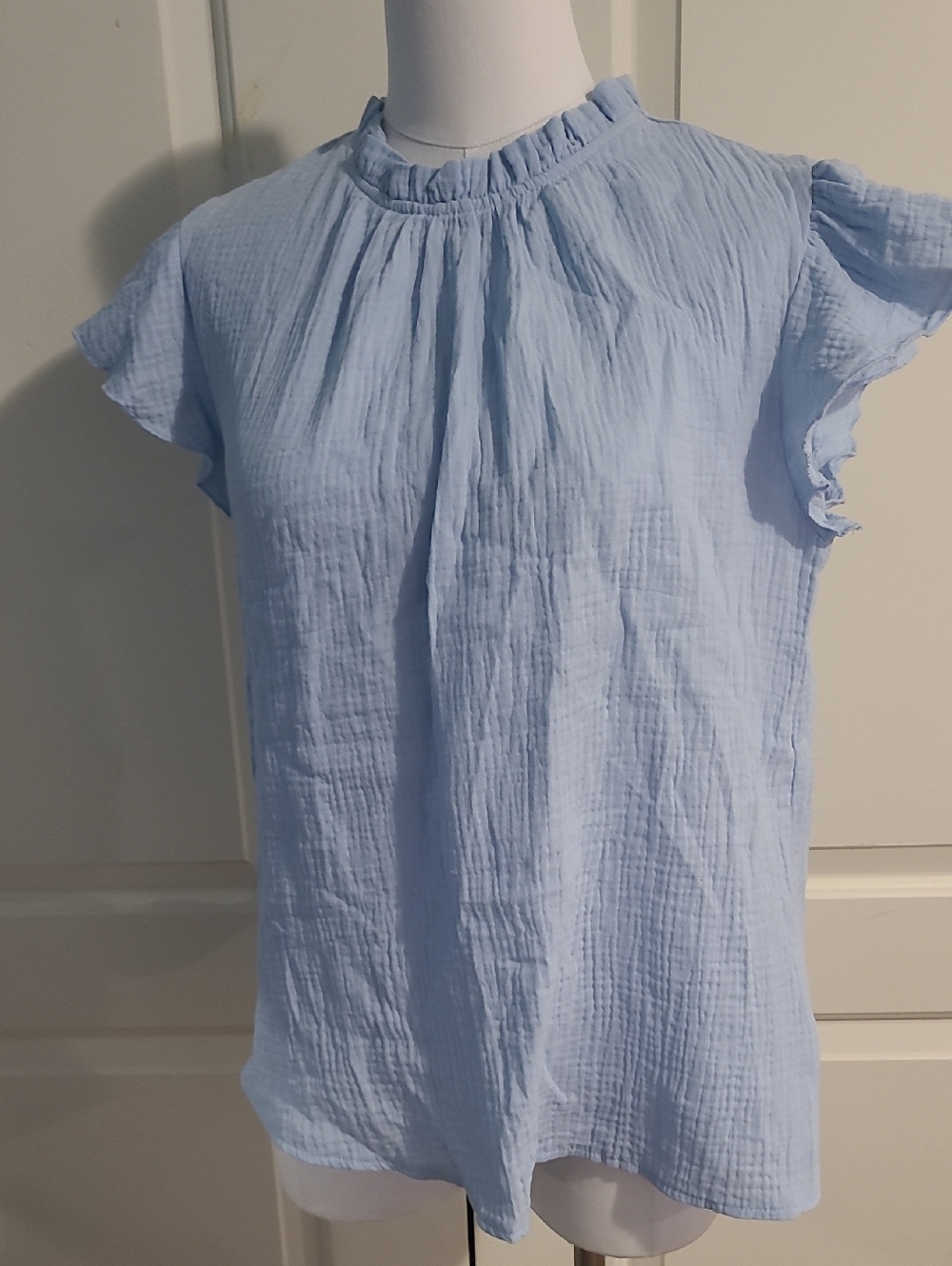 NWT Jenny Boston Ruffle Sleeve Casual Girly Baby Blue High Neck Cotton Blouse